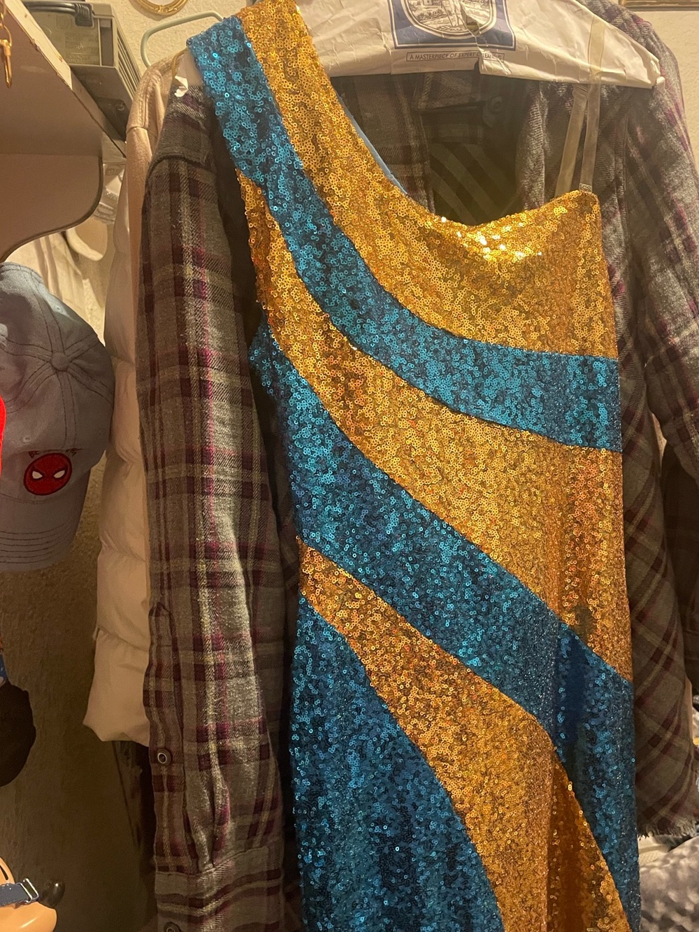 Asymmetric One-Shoulder Sequin Evening Dress in Gold and Blue